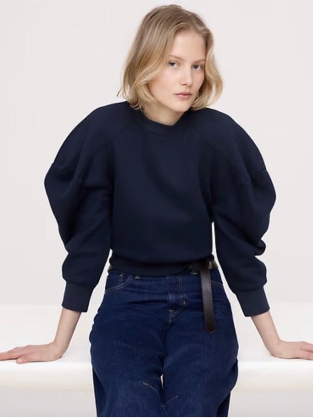 Banana Republic Navy Puff-Sleeve Crewneck Sweatshirt